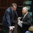 Poseł PiS Marek Suski (P) i przewodniczący KP PiS Mariusz Błaszczak (L) na sali obrad Sejmu