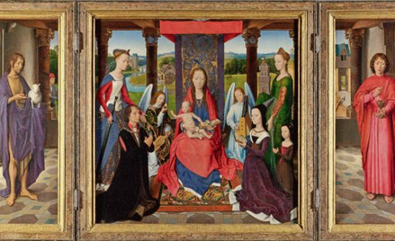 Hans Memling skromnie schowany za kolumną w „Tryptyku rodziny Donne ” ok. 1478