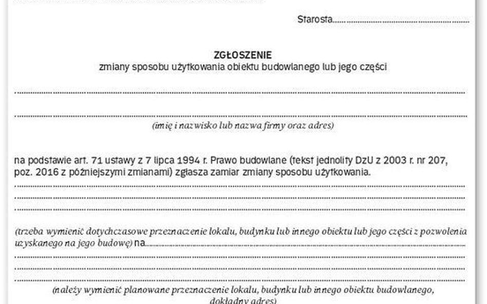 Przykładowy wzór wniosku zgłoszenia zmiany sposobu użytkowania