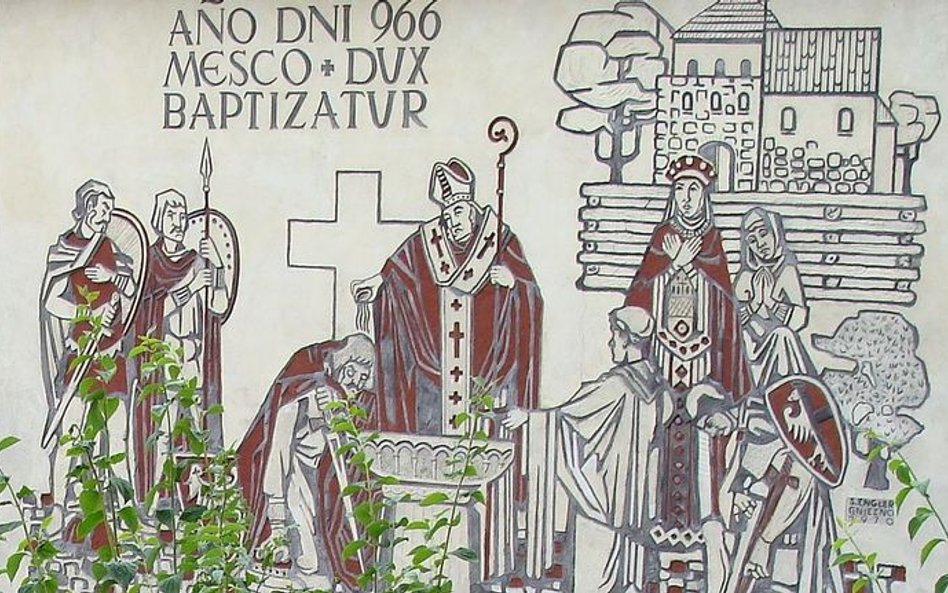 Mieszko bierze chrzest. Sgraffito na ścianie rezydencji biskupów pomocniczych położonej w pobliżu po