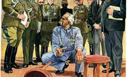 Artystyczna wizja słynnej sceny z udziałem najwyższych rangą generałów i szefów dyplomacji polskiej,