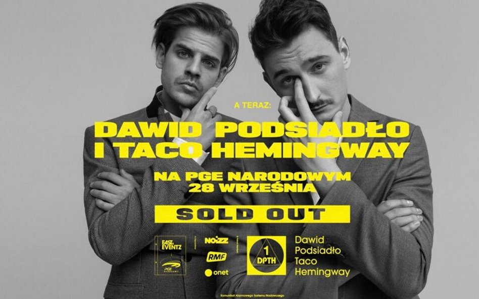 Taco Hemingway i Dawid Podsiadło. Plakat informuje o braku biletów