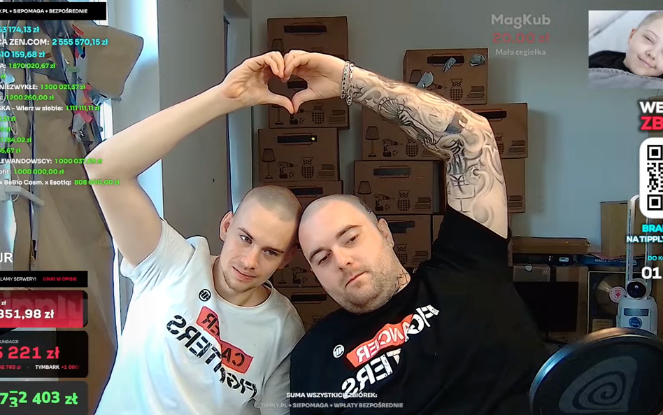 Influencer Piotr „Łatwogang” Garkowski i raper Bedoes 2115 podczas zbiórki dla Cancer Fighters