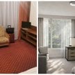 Obecny wygląd pokoju w hotelu sejmowym (po lewej) i wizualizacja wnętrza po remoncie (po prawej)