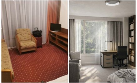 Obecny wygląd pokoju w hotelu sejmowym (po lewej) i wizualizacja wnętrza po remoncie (po prawej)