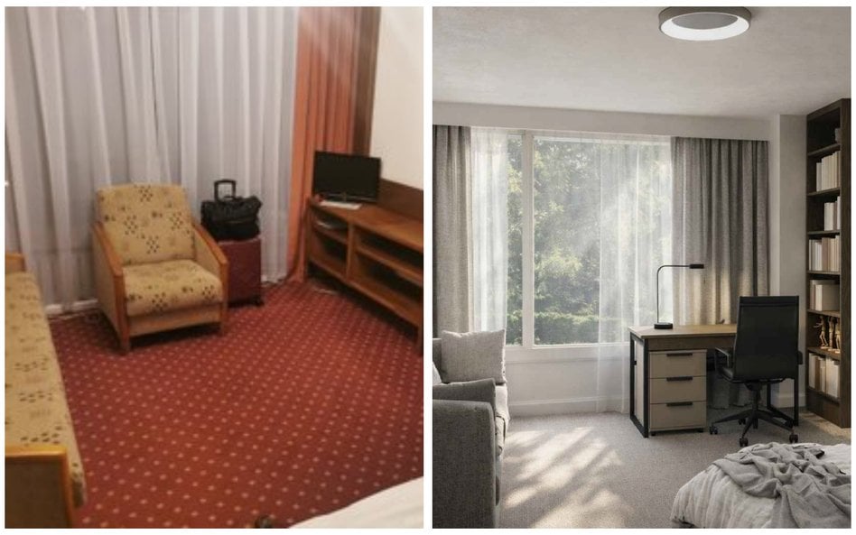 Obecny wygląd pokoju w hotelu sejmowym (po lewej) i wizualizacja wnętrza po remoncie (po prawej)