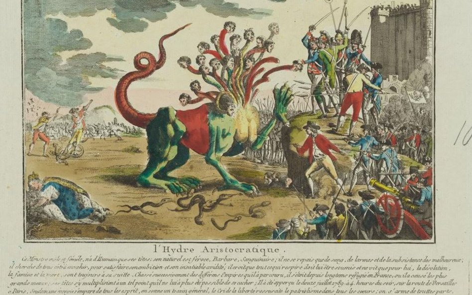 Rytownik nieustalony, "Hydra arystokratyczna", 1789-1799 Akwaforta kolorowana akwarelą.