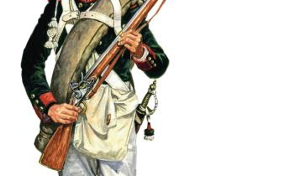 Grenadier rosyjski uzbrojony w karabin skałkowy z bagnetem wz. 1812 i szablę piechoty