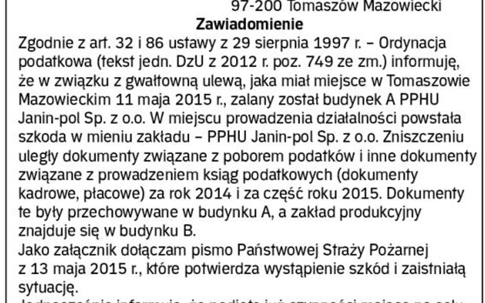 WZÓR zawiadomienia o utracie dokumentów