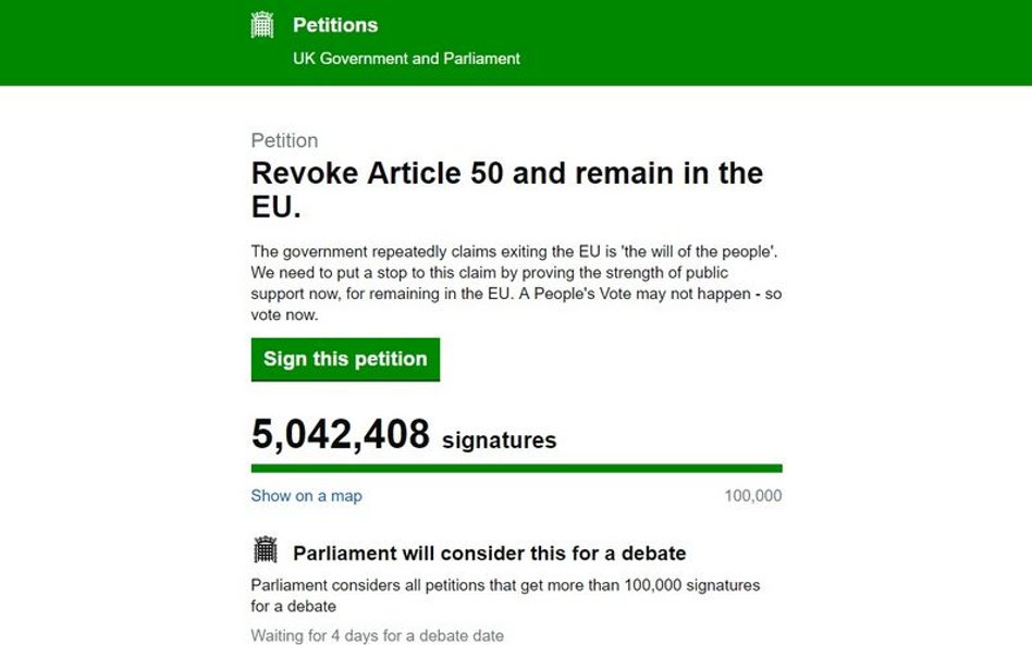 Petycja o odwołanie brexitu ma już 5 mln podpisów