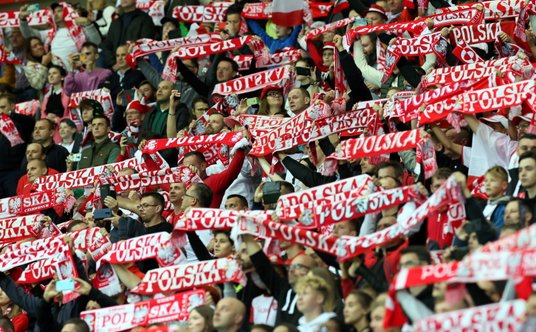 Kibice piłkarskiej reprezentacji Polski podczas meczu z Albanią