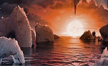 Artystyczna wizja powierzchni piątej planety – TRAPPIST-1f.