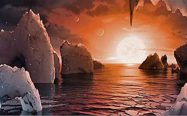 Artystyczna wizja powierzchni piątej planety – TRAPPIST-1f.