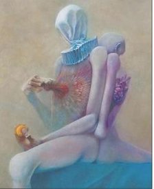 Przybito młotkiem wysoką cenę za obraz Zdzisława Beksińskiego.