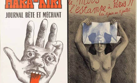 Roland Topor, z lewej: Roland Topor, plakat, który reklamował pismo satyryczne „Hara-Kiri”, 1961 rok