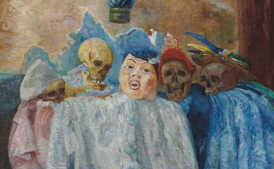 James Ensor „Pierrot i szkielety”, 1907,  kolekcja Musée des Beaux-Arts, Tournai