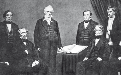 Gabinet prezydenta Jamesa Buchanana. Od lewej: Jacob Thompson, Lewis Cass, John B. Floyd, prezydent 