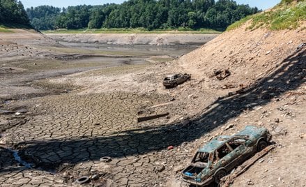 Spuszczenie wody z Jeziora Pilchowickiego odsłoniło między innymi wraki samochodów spoczywające na d