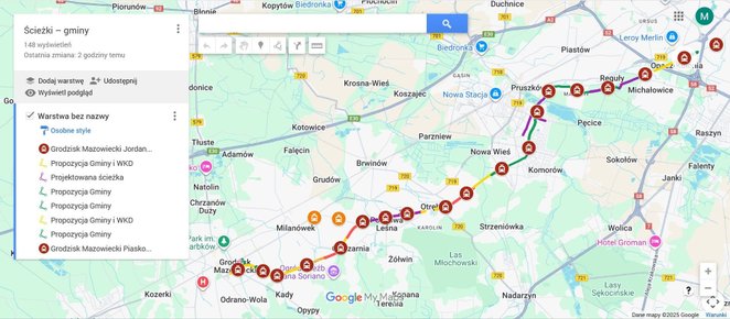 Orientacyjny przebieg trasy rowerowej z Grodziska Mazowieckiego do Warszawy wzdłuż torów WKD
