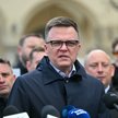 Kandydat Trzeciej Drogi, marszałek Sejmu Szymon Hołownia podczas briefingu prasowego w Krakowie