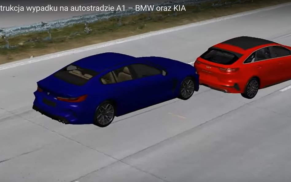 Fragment rekonstrukcji wypadku na autostradzie A1 – BMW oraz KIA