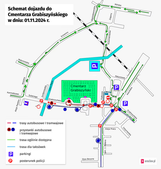Schemat dojazdu do Cmentarza Grabiszyńskiego 1 listopada 2024 roku - wroclaw.pl