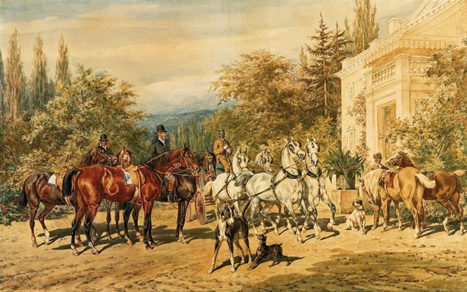 Juliusz Kossak, „Przed pałacem w Krzeszowicach”, 1877 r., akwarela, papier, 58,5 x 93 cm, w 2000 r. 