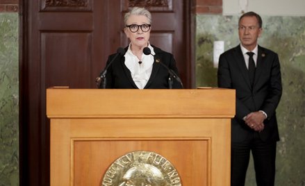 Berit Reiss-Andersen, przewodnicząca Komitetu Noblowskiego, ogłasza laureatów Pokojowej Nagrody Nobl