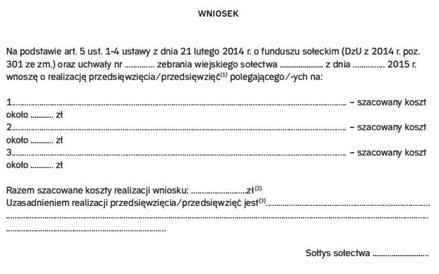 Wzór: Wniosek sołectwa w sprawie przeznaczenia środków funduszu sołeckiego