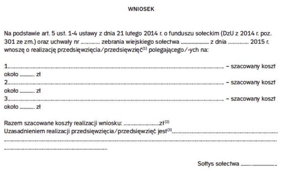 Wzór: Wniosek sołectwa w sprawie przeznaczenia środków funduszu sołeckiego