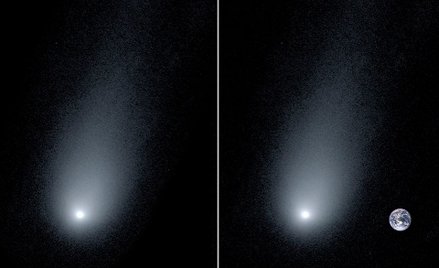 Po lewej zdjęcie komety. Na zdjęciu po prawej na zdjęcie nałożono Ziemię, aby pokazać jej rozmiar w 