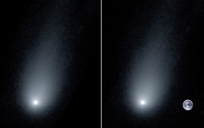 Po lewej zdjęcie komety. Na zdjęciu po prawej na zdjęcie nałożono Ziemię, aby pokazać jej rozmiar w 