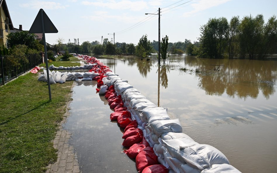 Układanie worków z piaskiem w Oławie, 18 września 2024 r.