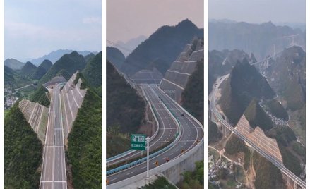 Fragment drogi G7611 Duyun–Shangri-La w Chinach. Zamiast drążyć tunel, usunięto część góry