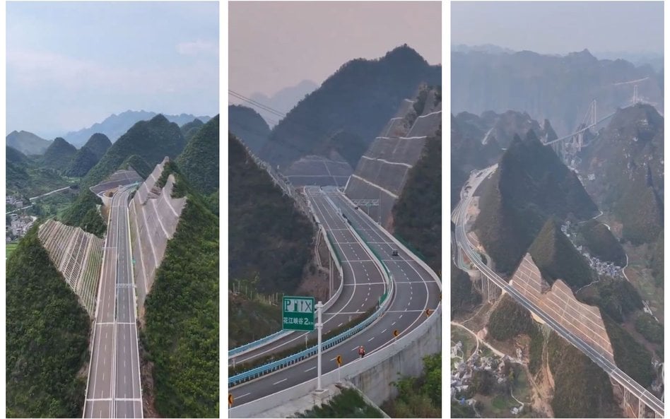 Fragment drogi G7611 Duyun–Shangri-La w Chinach. Zamiast drążyć tunel, usunięto część góry