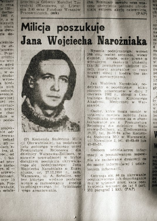 „Ogłoszenie” w prasie na podstawie listu gończego wystawionego przez prokuraturę za Janem Narożniaki