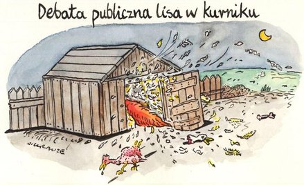 Komentarz rysunkowy. Debata publiczna lisa w kurniku
