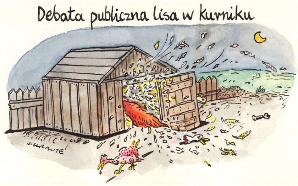 Komentarz rysunkowy. Debata publiczna lisa w kurniku