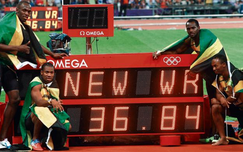 Jamajska sztafeta 4 x 100 m i jej rekord świata. Z lewej Usain Bolt i Yohan Blake, z prawej Nesta Ca
