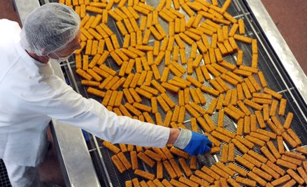 Produkcja paluszków rybnych w zakładzie firmy Frosta AG, producenta mrożonek, w Bremerhaven w Niemcz