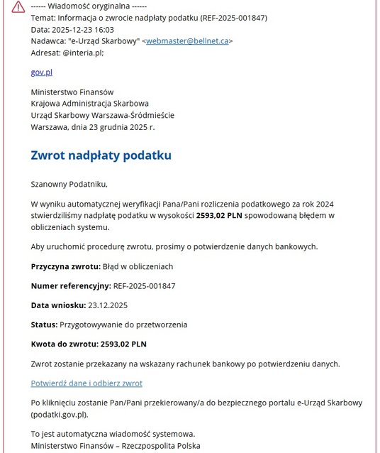 przykład maila od oszustów