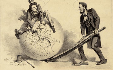 Karykatura przedstawiająca Lincolna i Johnsona, który próbuje „zszyć” podzieloną Unię