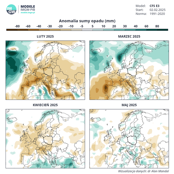 Anomalia sumy opadu w miesiącach luty-maj 2025 r.