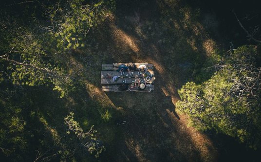 "Seen from above six persons sitting at wooden table having dinner in a forest. The table is surroun