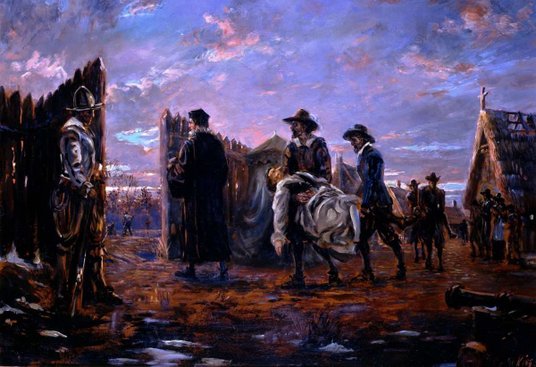 Martwy kolonista, ofiara „czasu głodu” zimą 1609–1610, zostaje usunięty z fortu w Jamestown. History