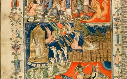 Cristoforo Orimina, "Sceny z Apokalipsy" (tzw. Biblia Hamiltona), ok. 1350. Farba i złote płatki na 