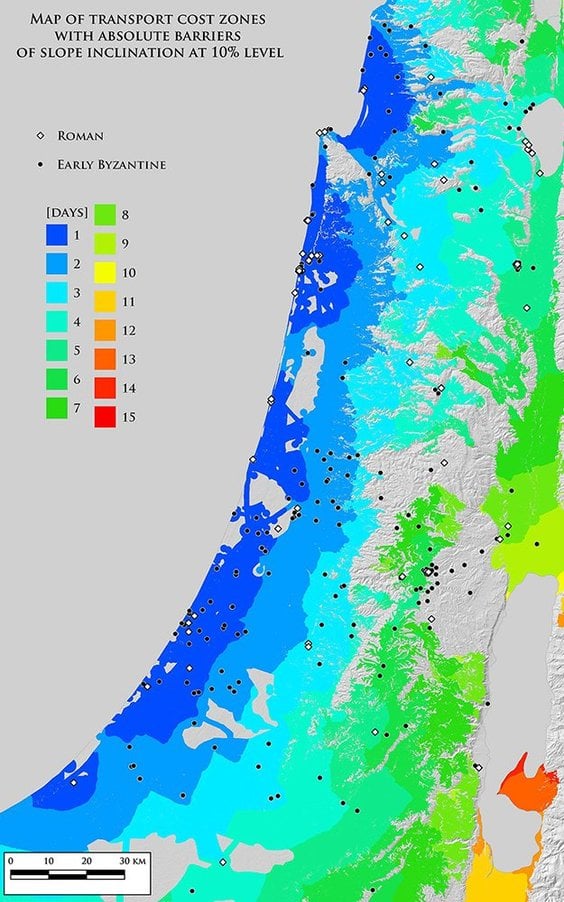 Mapa stref kosztów transportu z barierami absolutnymi wynikającymi z nachylenia stoków na poziomie 1