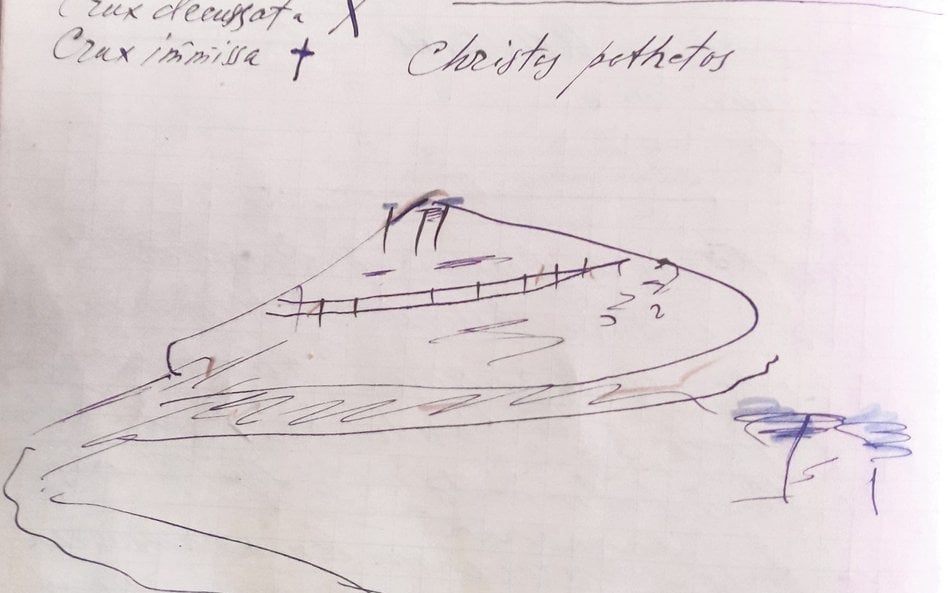 Rysunek Golgoty naszkicowany przez Michaiła Bułhakowa w trakcie pisania „Mistrza i Małgorzaty”. Wida