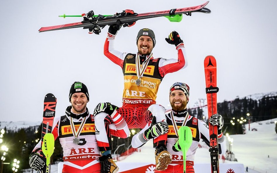 Austriackie podium: srebrny Michael Matt, złoty Marcel Hirscher i brązowy Marco Schwarz