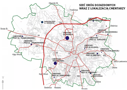 Sieć dróg dojazdowych wraz z lokalizacją cmentarzy we Wrocławiu - wroclaw.pl
